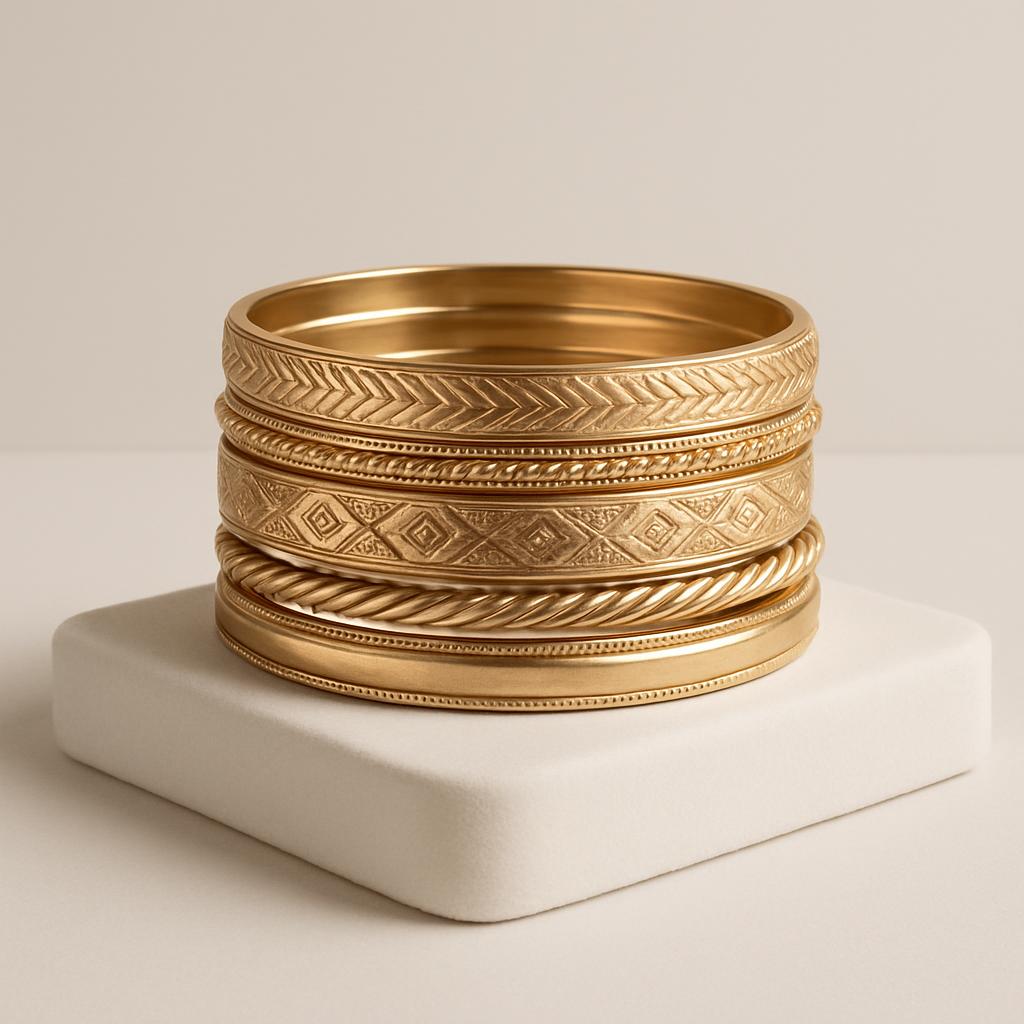 This image features a meticulously stacked set of five gold rings, each boasting its own unique design and pattern, restin...
