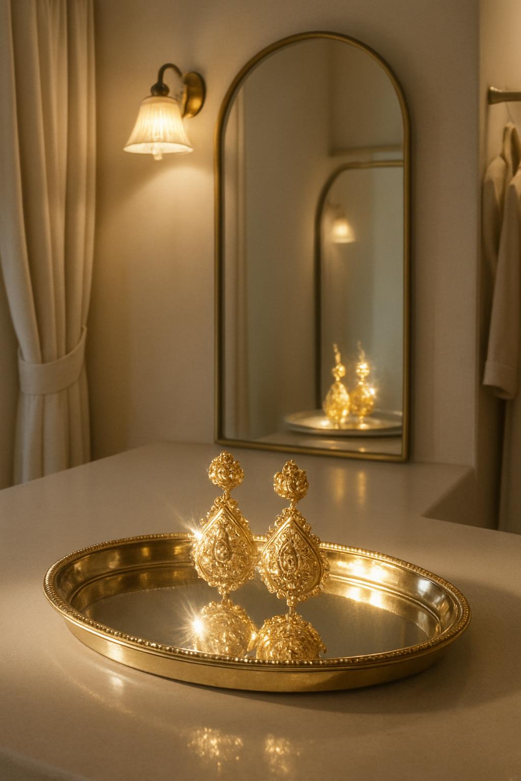 These elegant gold earrings with intricate designs are displayed on a golden tray, in front of a fitting room with a large...