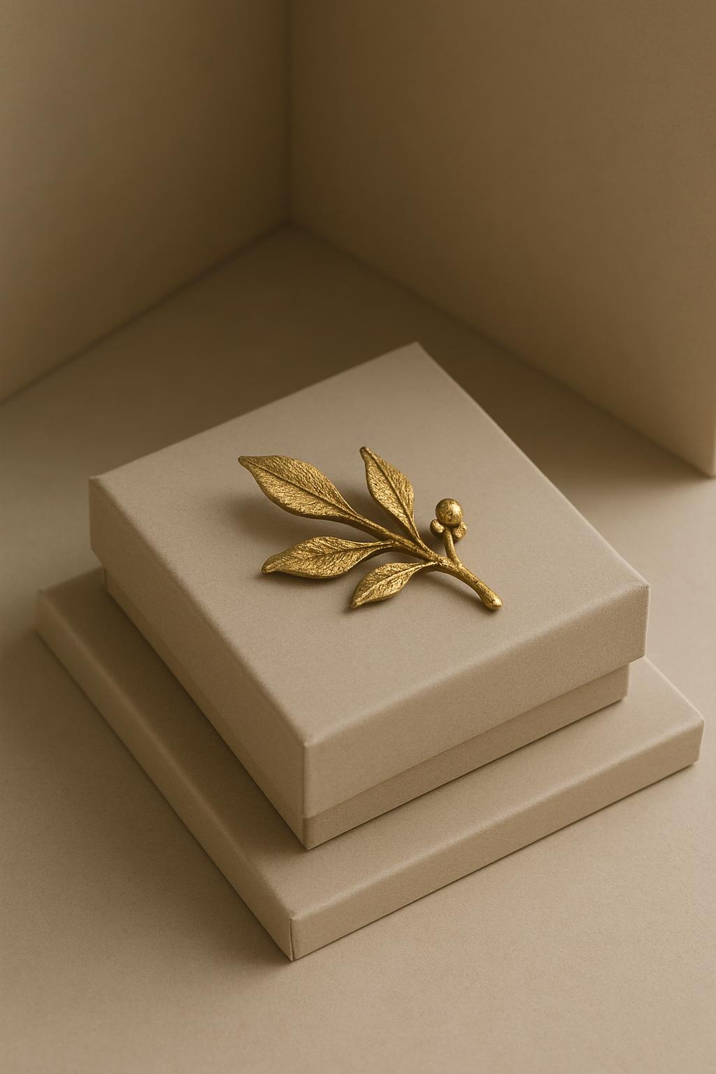 A golden metal plant ornament rests upon a paper-wrapped gift. The boxes are light brown, resting on a matching table or f...