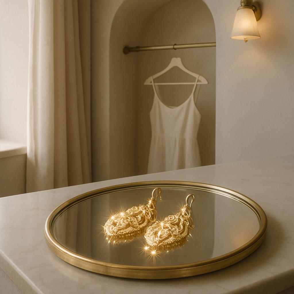 [elegant gold earrings in a round stone frame resting on a white counter in an alcove].