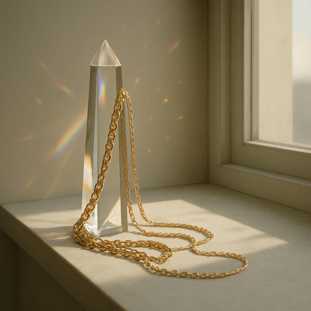 A large crystal obelisk is placed on a windowsill, with a gold chain draped over its side. The obelisk sits at an unusual ...