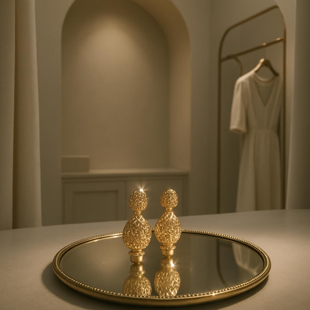 A close-up photograph of a pair of gold earrings sitting on a mirrored gold tray, on a white table, with an archway and mi...