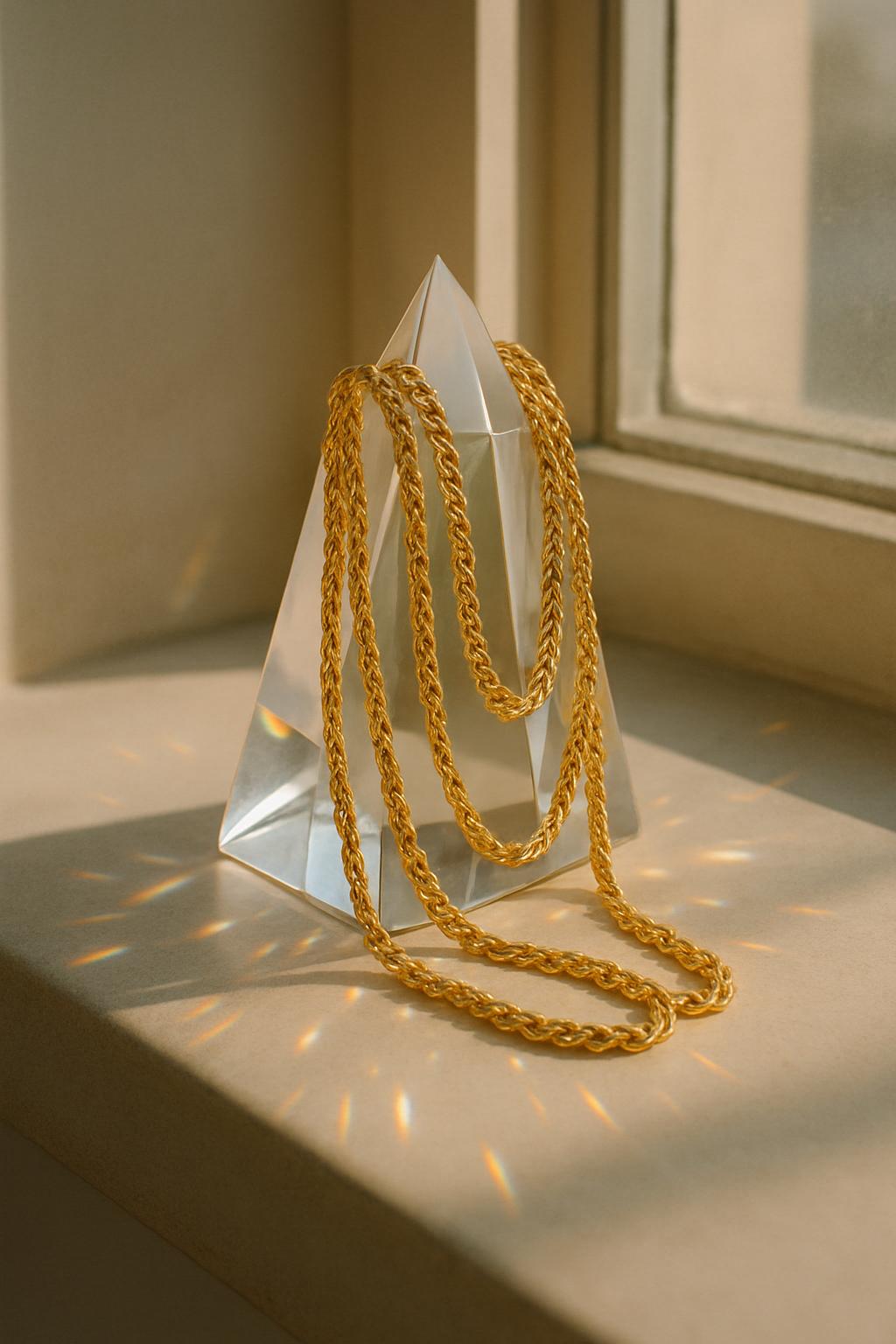 A gold chain on and around a crystal prism on a windowsill, casting small rainbows on the surface.